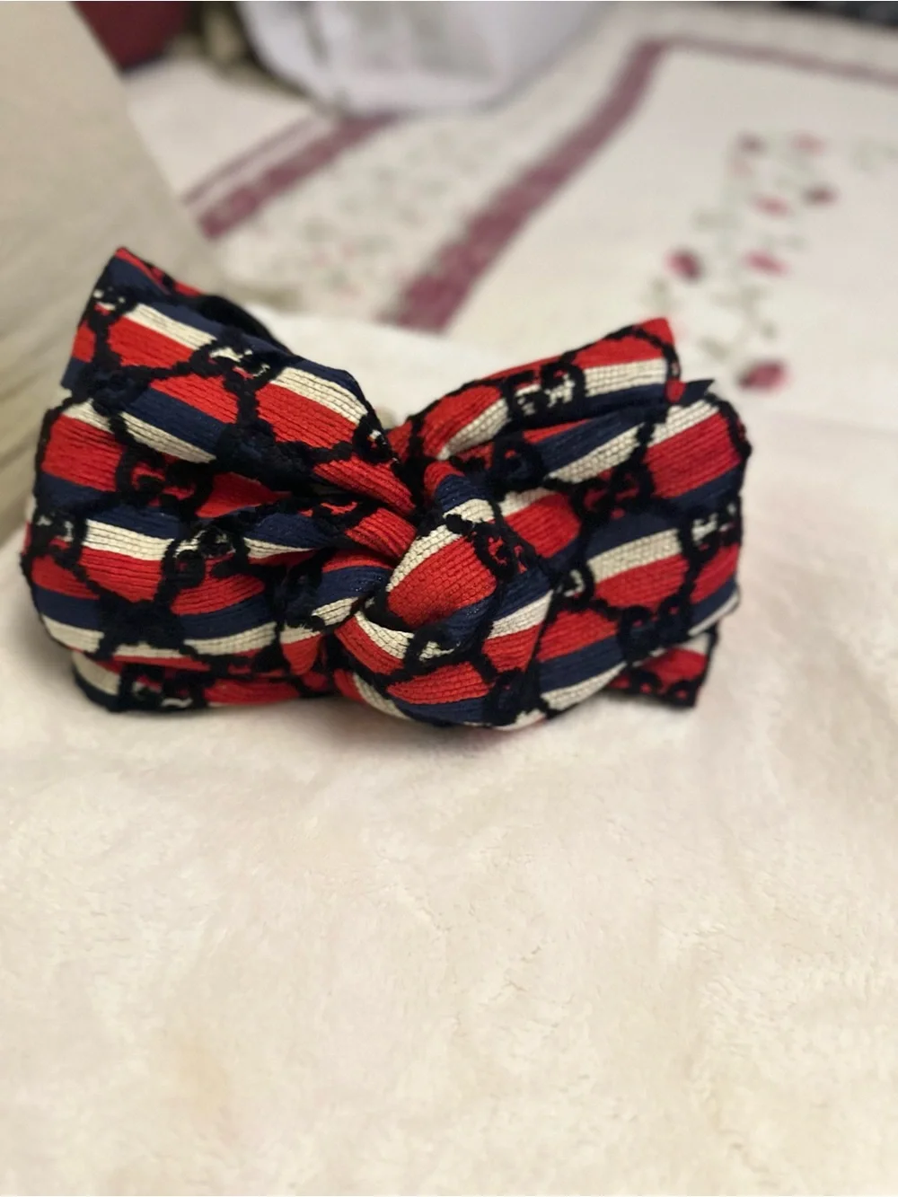 Gucci Red, Navy & White Bow Headband with Interlocking Logo only used for photo